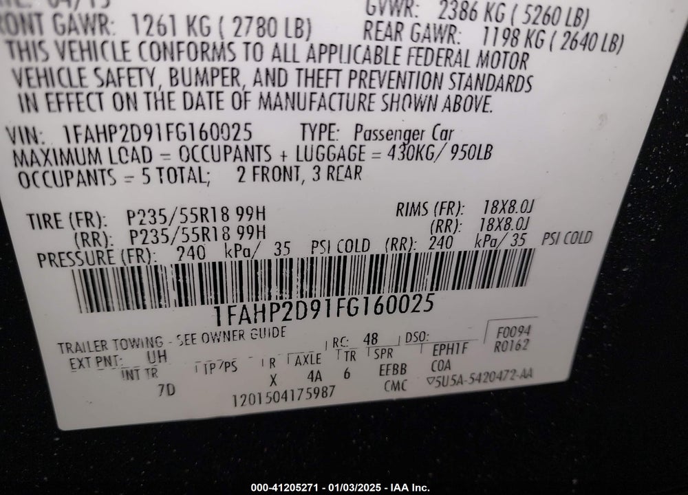 2015 FORD TAURUS VIN: 1FAHP2D91FG160025