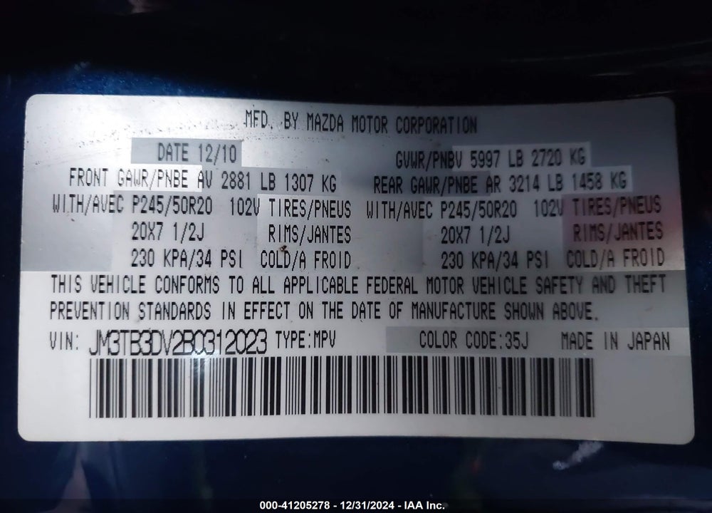 2011 MAZDA CX-9 GRAND TOURING VIN: JM3TB3DV2B0312023