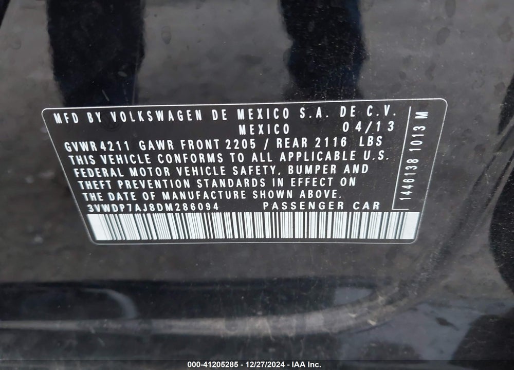 2013 VOLKSWAGEN JETTA 2.5L SE VIN: 3VWDP7AJ8DM286094