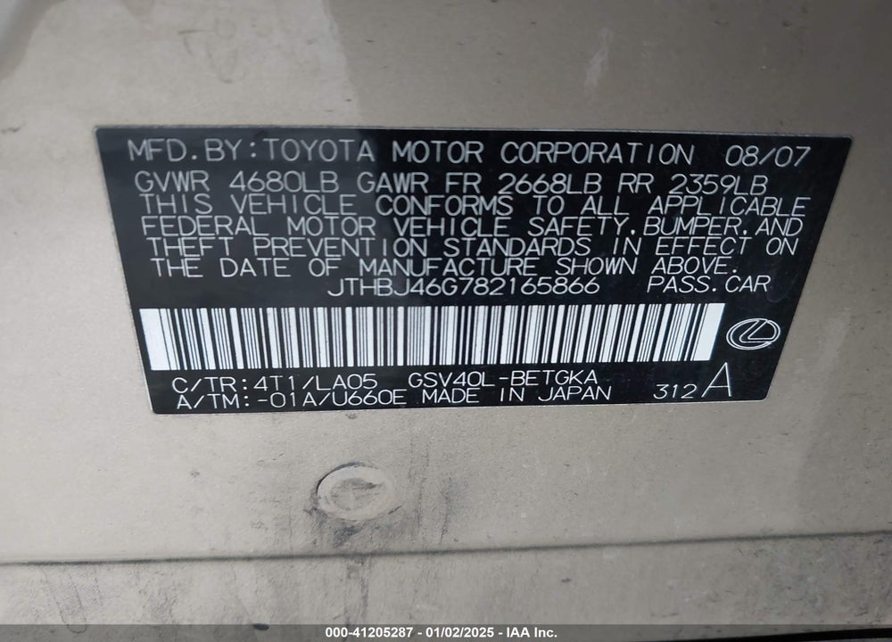 2008 LEXUS ES 350 VIN: JTHBJ46G782165866