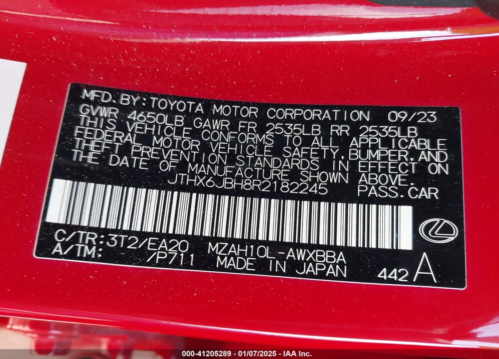 2024 LEXUS UX 250H VIN: JTHX6JBH8R2182245