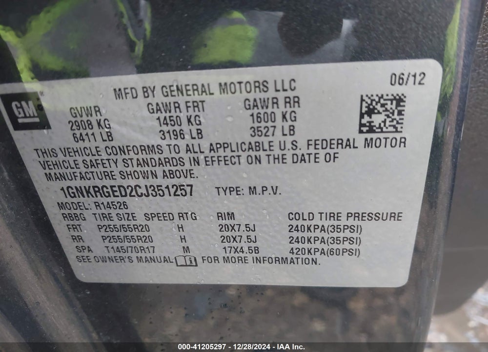 2012 CHEVROLET TRAVERSE 1LT VIN: 1GNKRGED2CJ351257