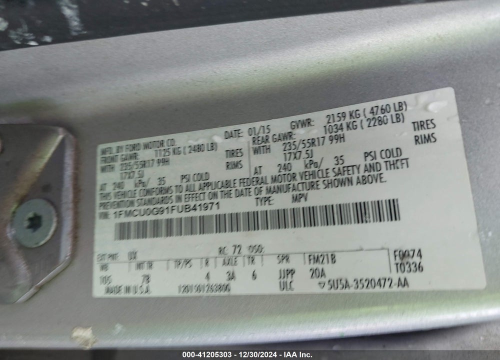 2015 FORD ESCAPE SE VIN: 1FMCU0G91FUB41971