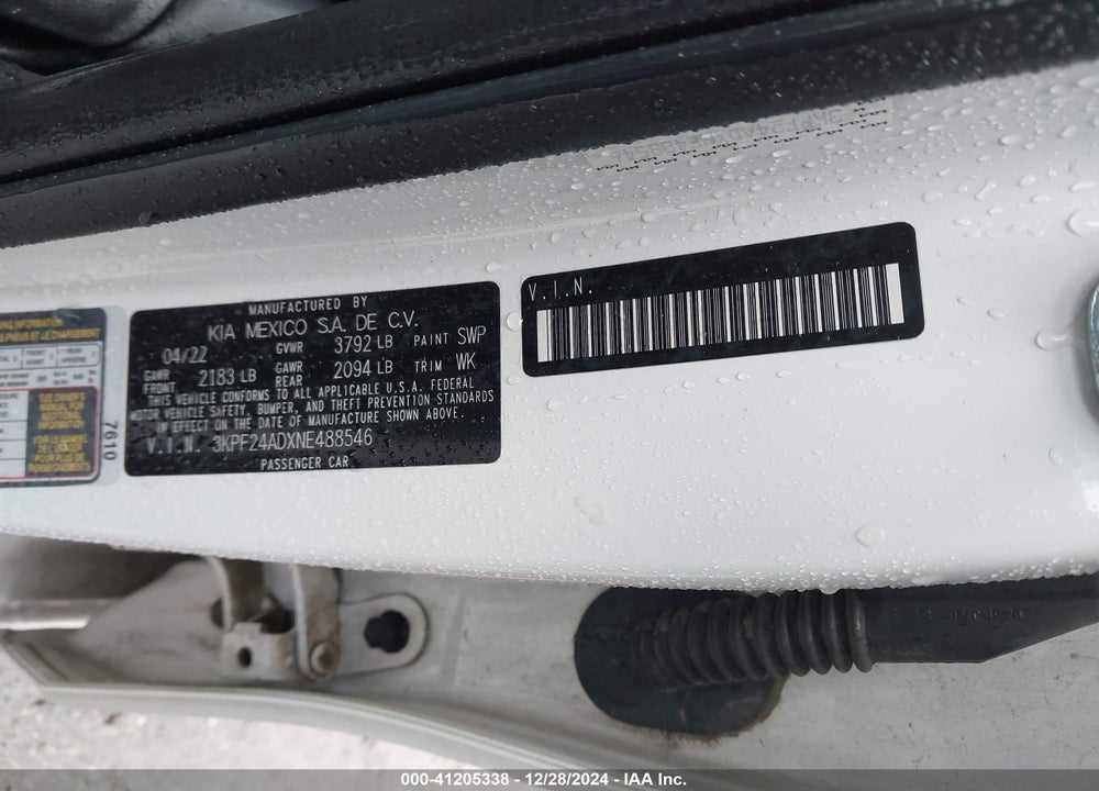 2022 KIA FORTE LXS VIN: 3KPF24ADXNE488546