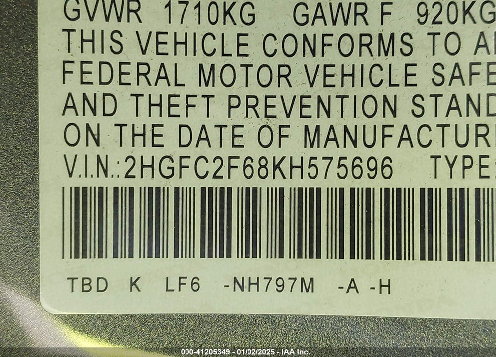 2019 HONDA CIVIC VIN: 2HGFC2F68KH575696