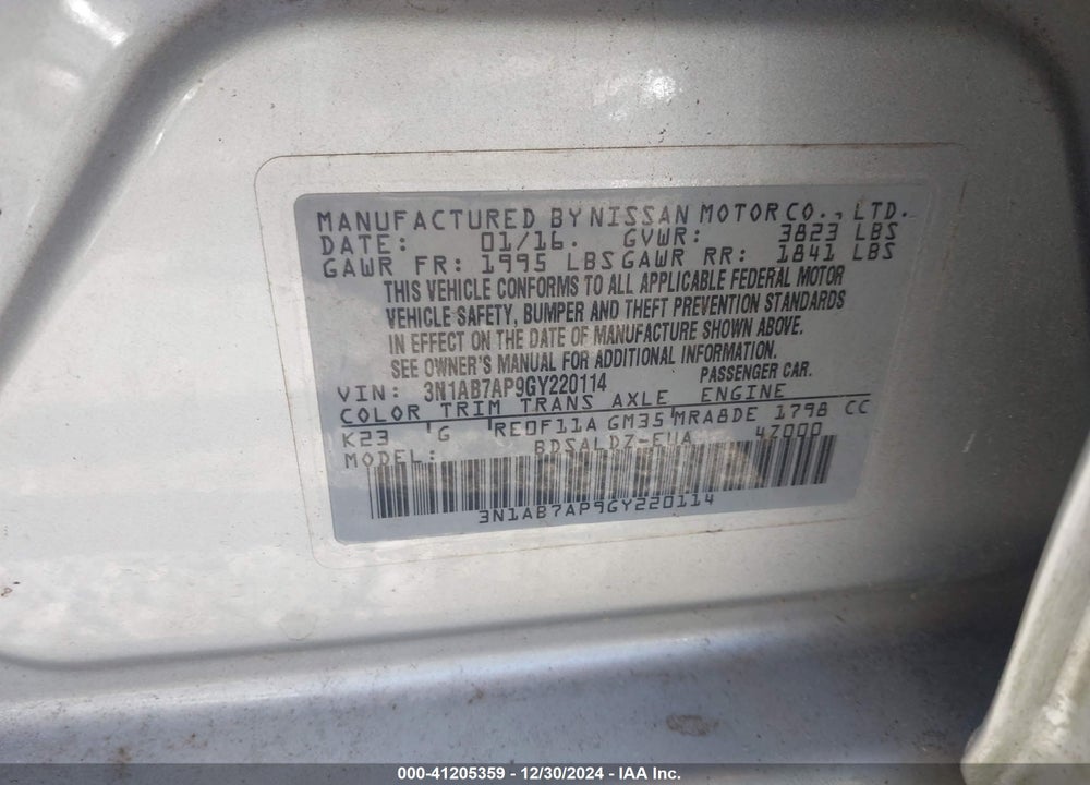 2016 NISSAN SENTRA VIN: 3N1AB7AP9GY220114