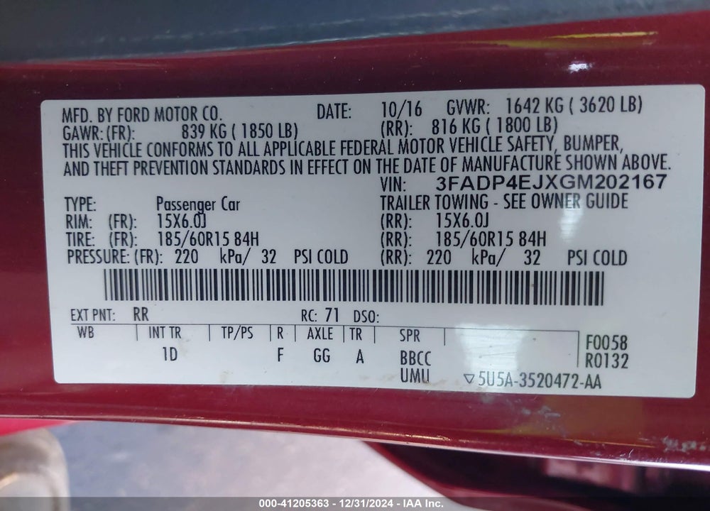 2016 FORD FIESTA SE VIN: 3FADP4EJXGM202167