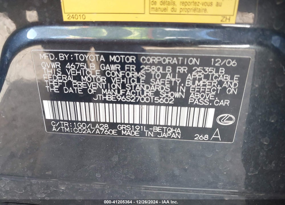 2007 LEXUS GS 350 VIN: JTHBE96S270015602