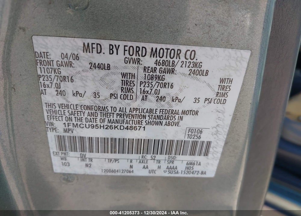 2006 FORD ESCAPE HYBRID VIN: 1FMCU95H26KD48671