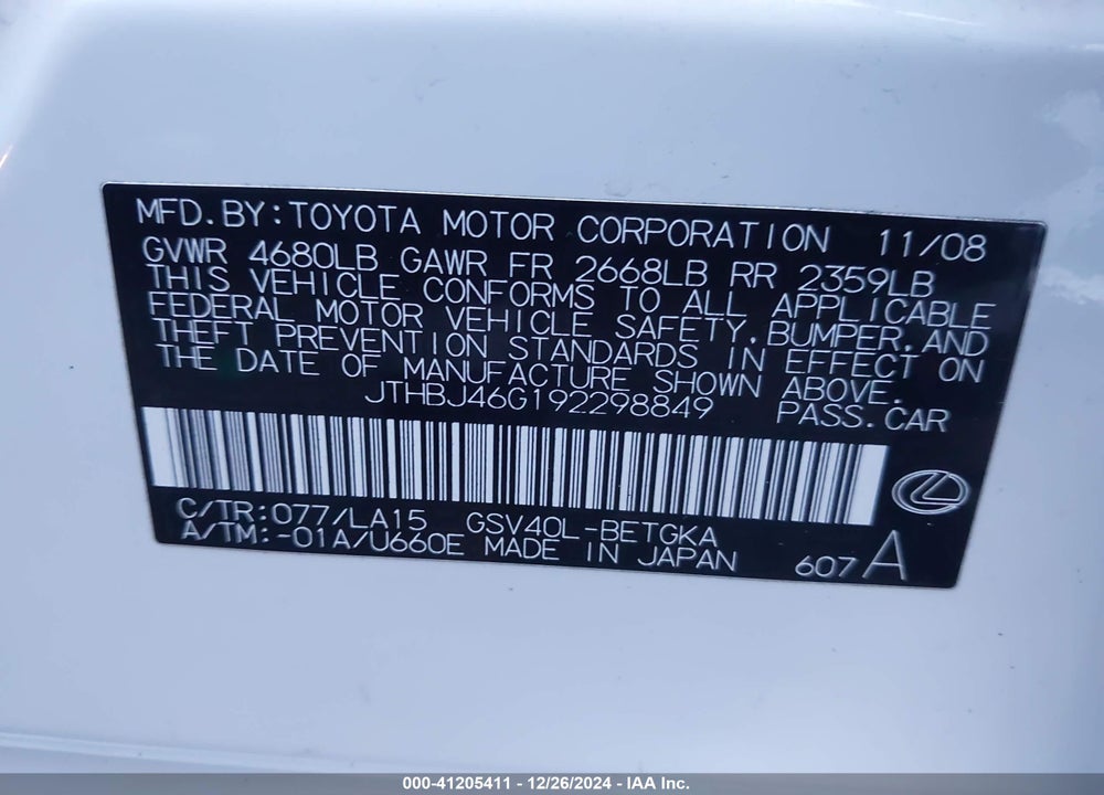 2009 LEXUS ES 350 VIN: JTHBJ46G192298849