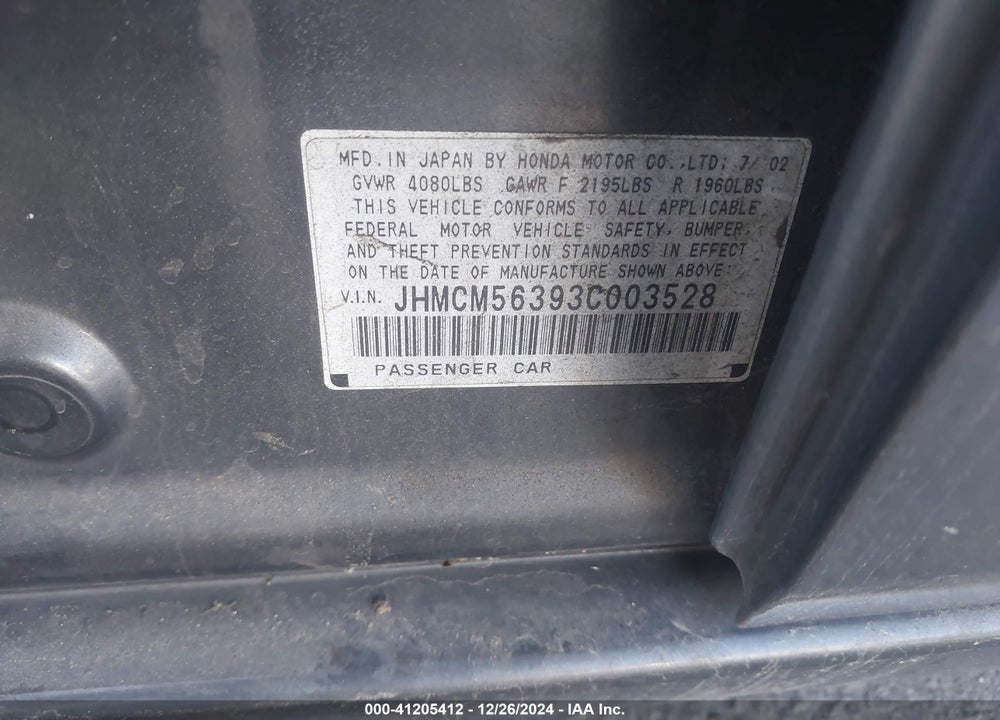 2003 HONDA ACCORD 2.4 LX VIN: JHMCM56393C003528