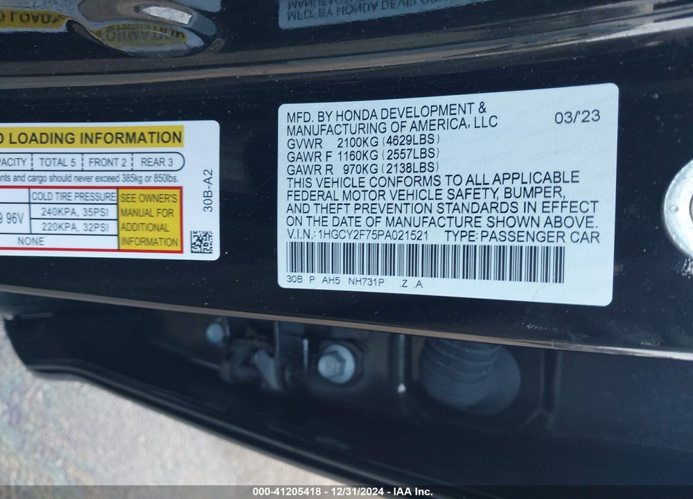 2023 HONDA ACCORD VIN: 1HGCY2F75PA021521