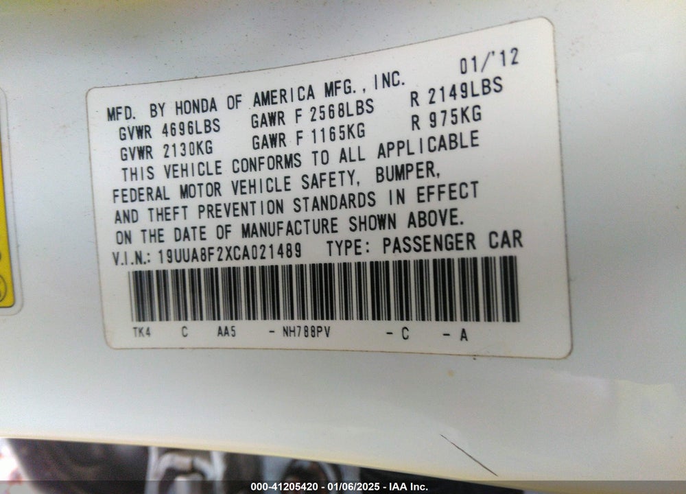 2012 ACURA TL 3.5 VIN: 19UUA8F2XCA021489