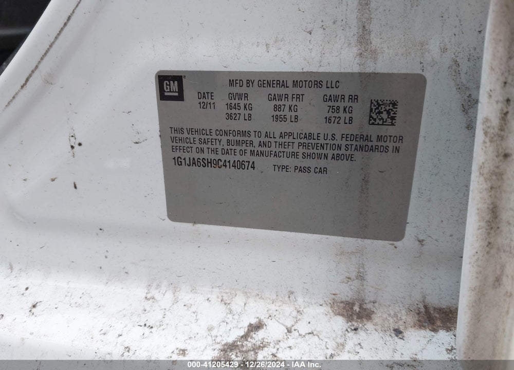 2012 CHEVROLET SONIC 2LS VIN: 1G1JA6SH9C4140674