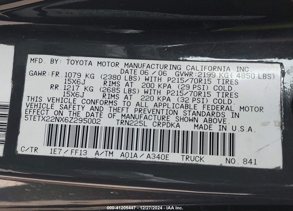 2006 TOYOTA TACOMA VIN: 5TETX22NX6Z295002