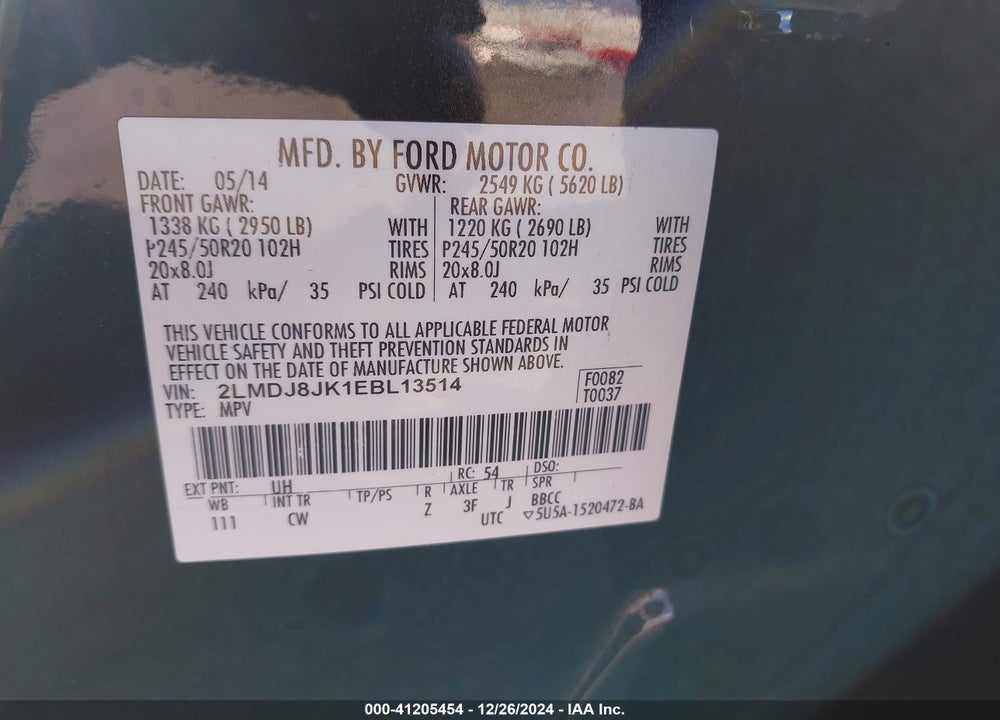 2014 LINCOLN MKX VIN: 2LMDJ8JK1EBL13514