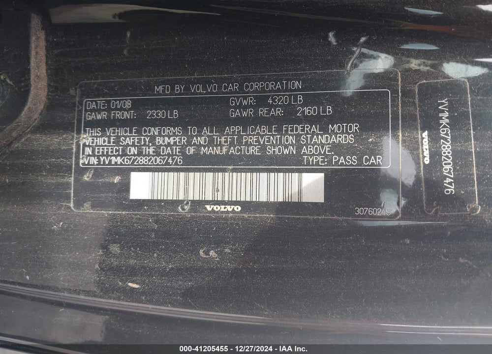2008 VOLVO C30 T5 R-DESIGN/T5 VERSION 1.0/T5 VERSION 2.0 VIN: YV1MK672882067476