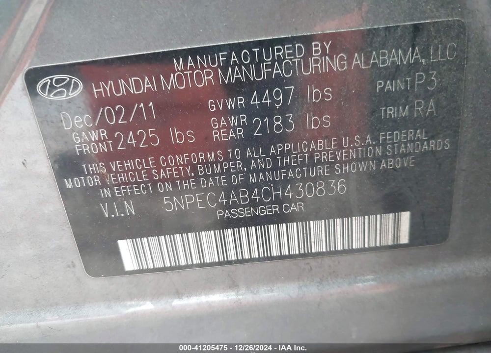 2012 HYUNDAI SONATA SE 2.0T VIN: 5NPEC4AB4CH430836
