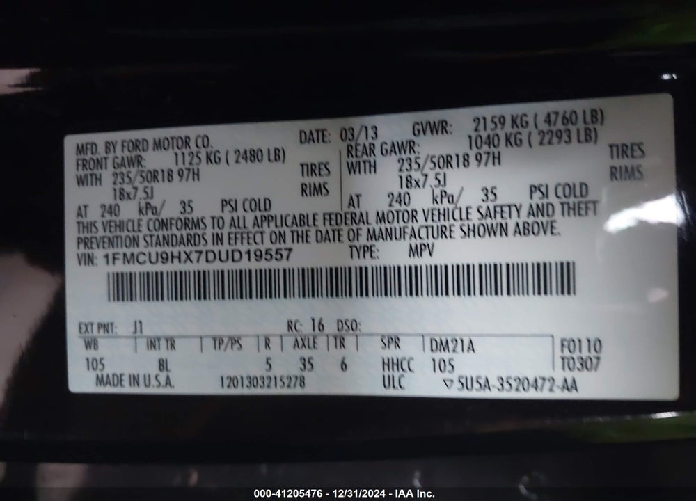 2013 FORD ESCAPE SEL VIN: 1FMCU9HX7DUD19557