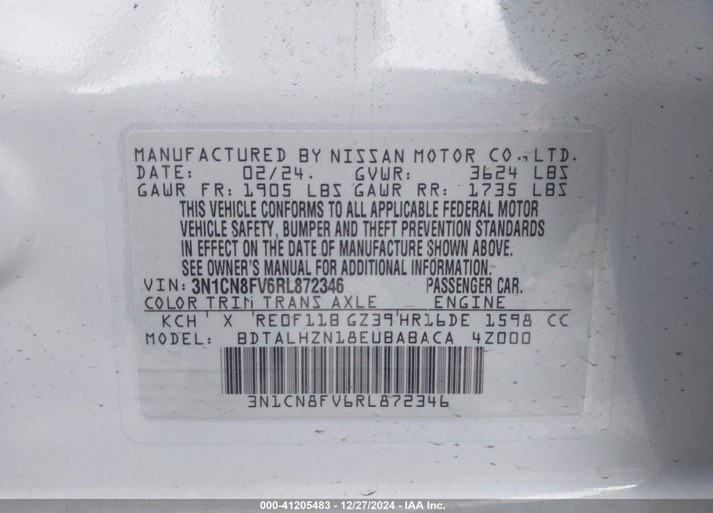2024 NISSAN VERSA VIN: 3N1CN8FV6RL872346