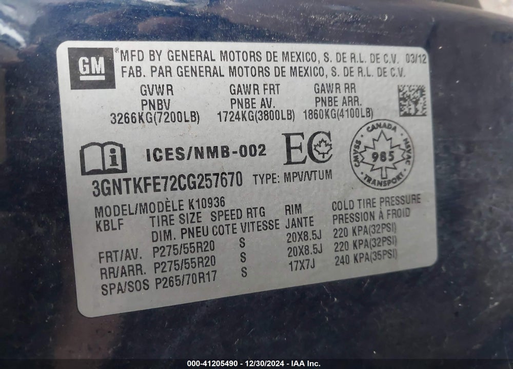 2012 CHEVROLET AVALANCHE 1500 LT1 VIN: 3GNTKFE72CG257670