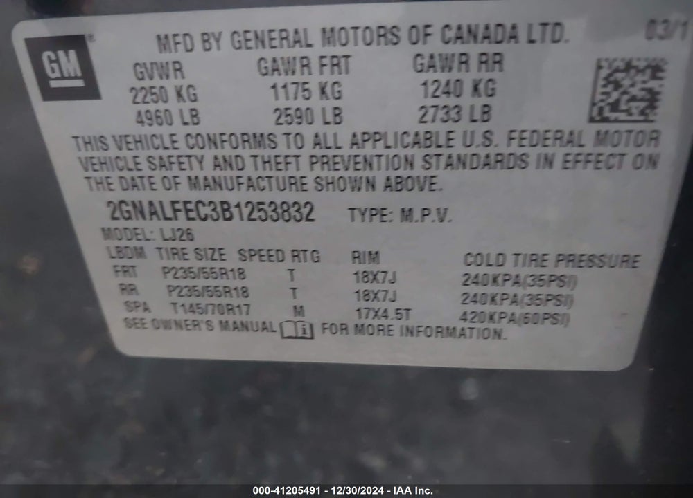 2011 CHEVROLET EQUINOX LTZ VIN: 2GNALFEC3B1253832