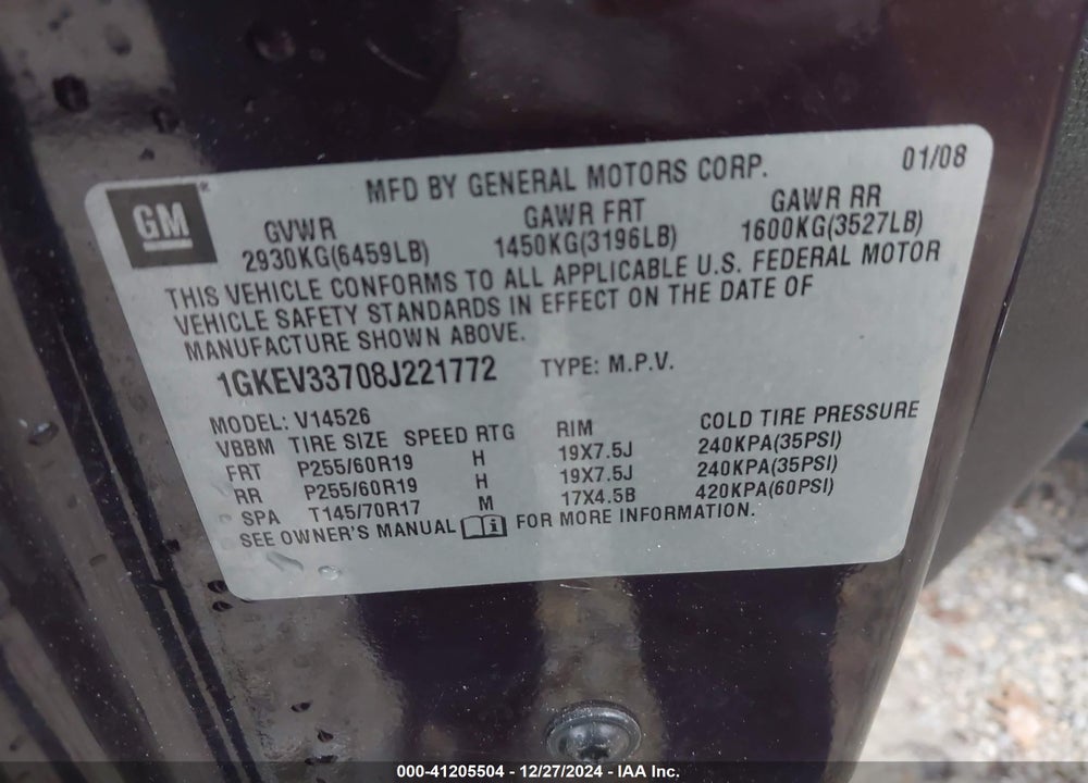 2008 GMC ACADIA SLT-2 VIN: 1GKEV33708J221772