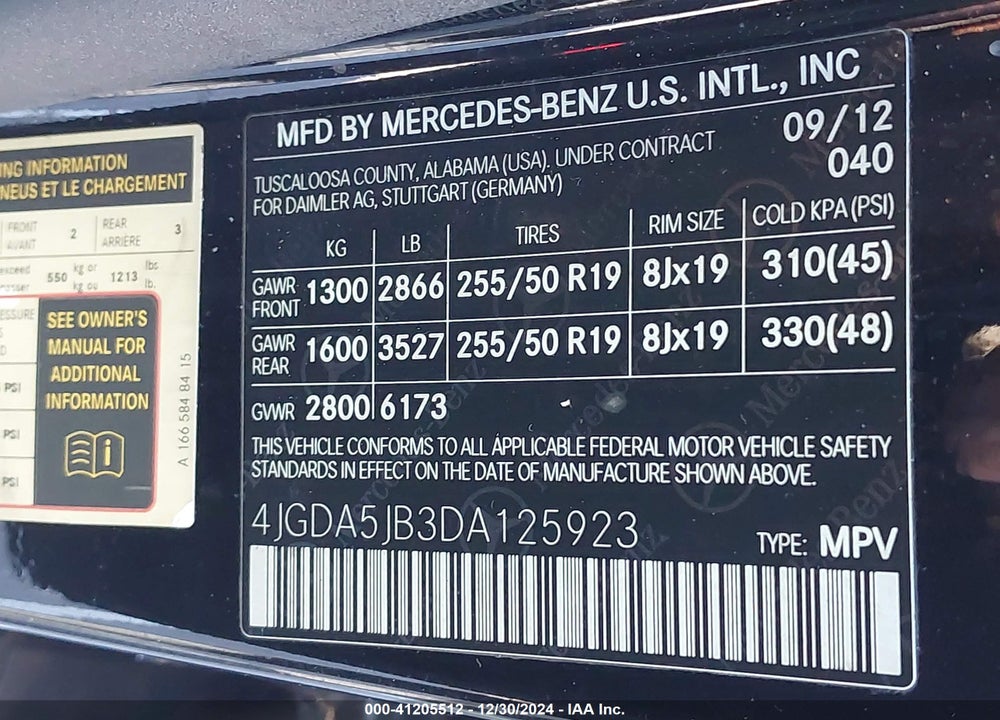 2013 MERCEDES-BENZ ML 350 VIN: 4JGDA5JB3DA125923