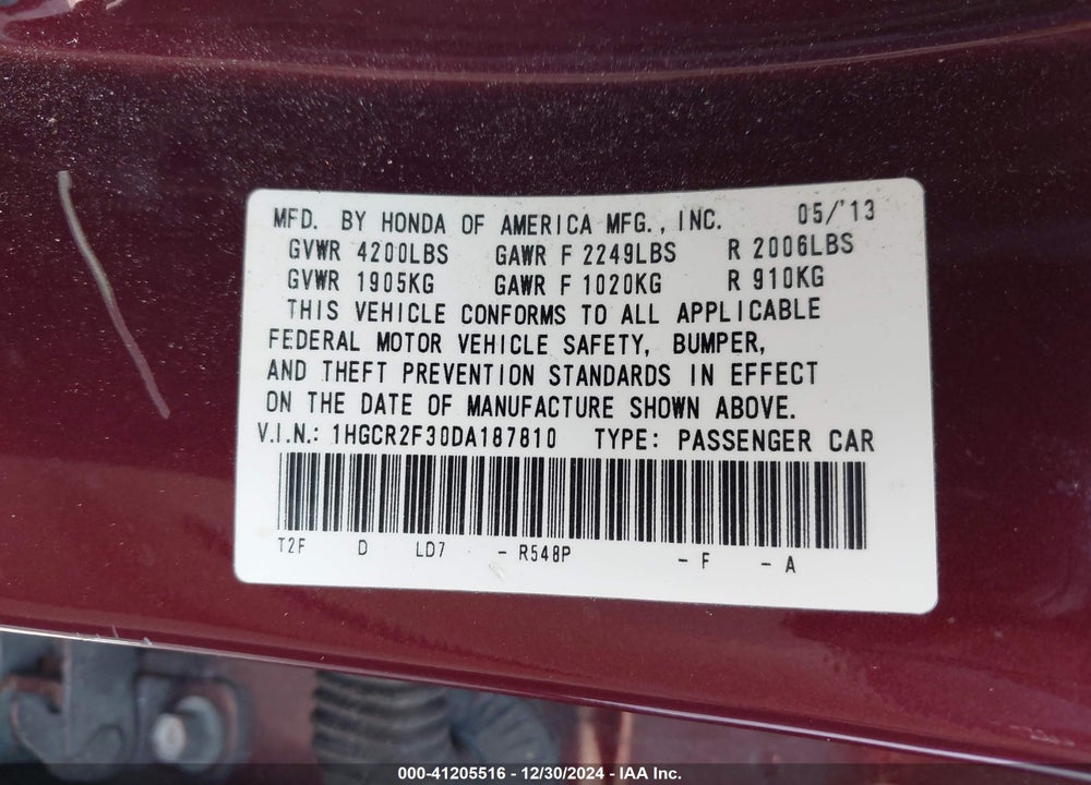 2013 HONDA ACCORD LX VIN: 1HGCR2F30DA187810