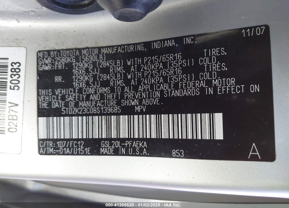 2008 TOYOTA SIENNA LE VIN: 5TDZK23C08S139685
