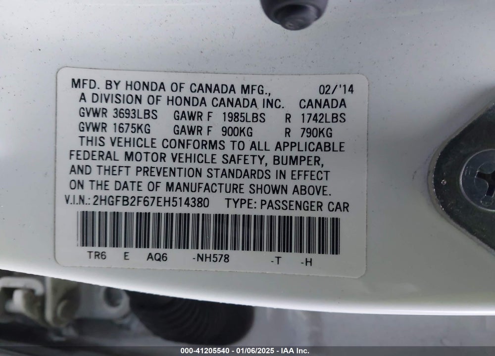 2014 HONDA CIVIC VIN: 2HGFB2F67EH514380