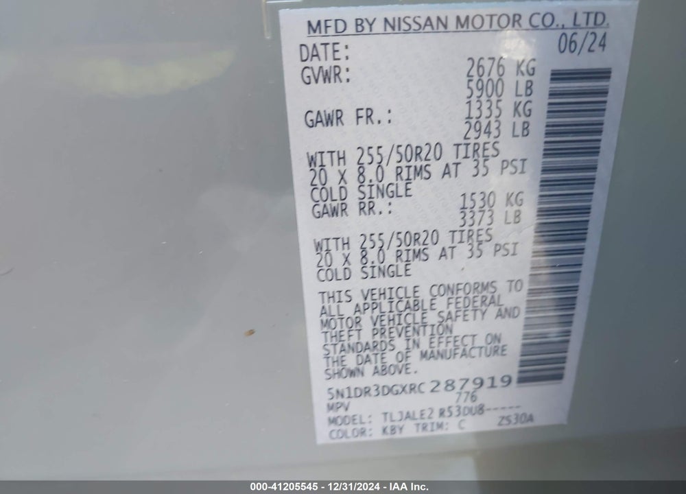 2024 NISSAN PATHFINDER PLATINUM FWD VIN: 5N1DR3DGXRC287919