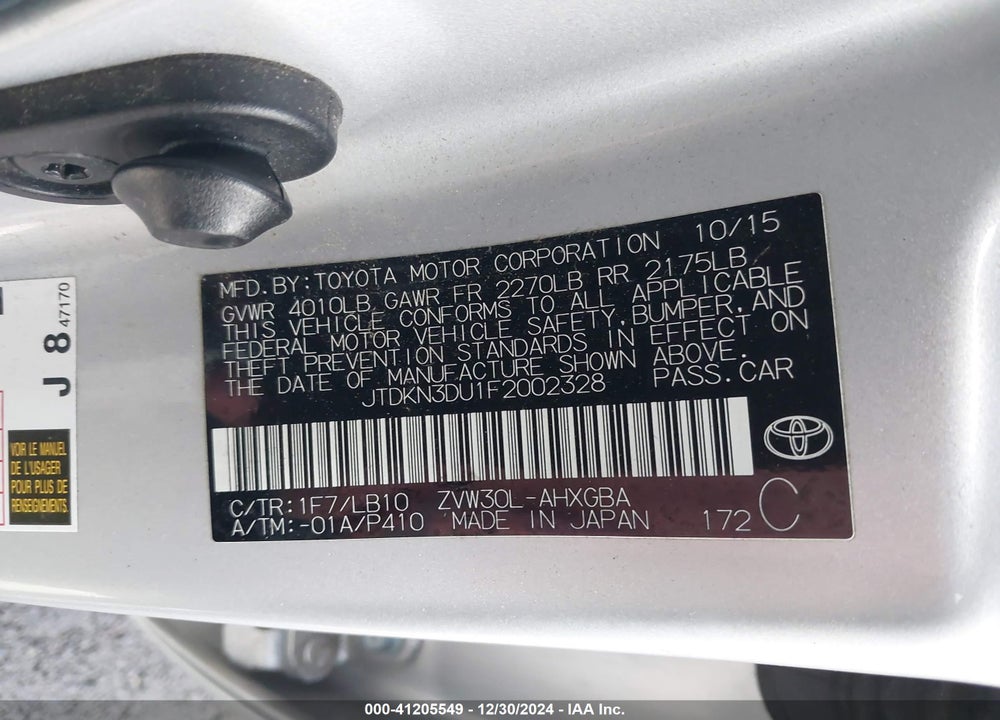 2015 TOYOTA PRIUS VIN: JTDKN3DU1F2002328