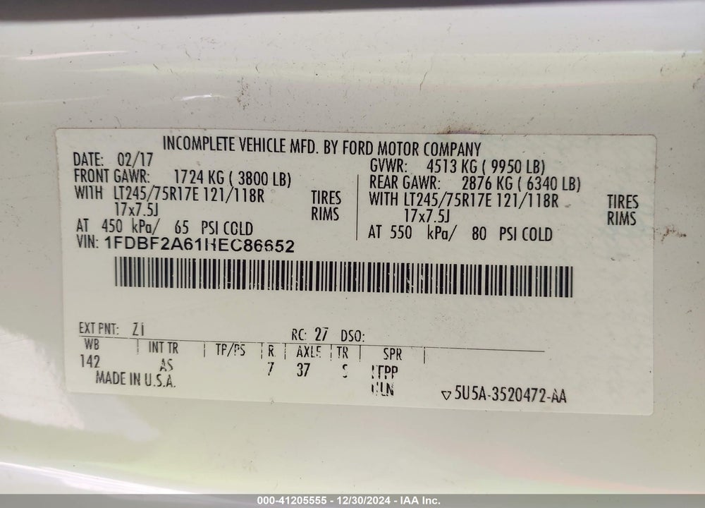 2017 FORD F-250 XL VIN: 1FDBF2A61HEC86652