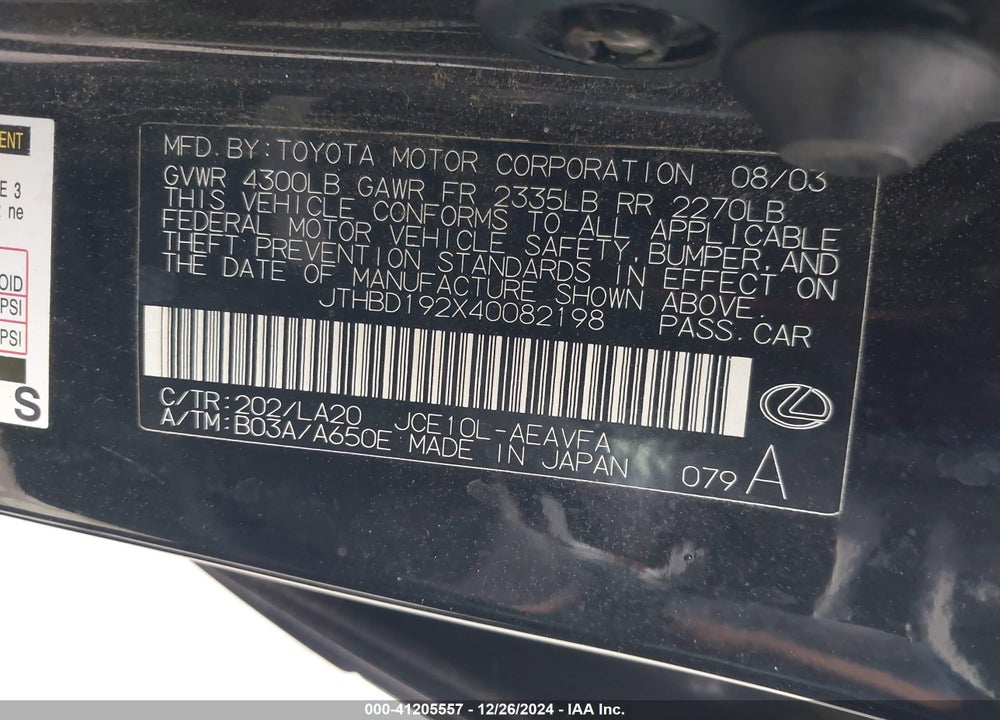 2004 LEXUS IS 300 VIN: JTHBD192X40082198