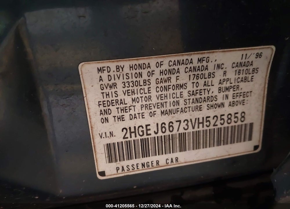 1997 HONDA CIVIC LX VIN: 2HGEJ6673VH525858