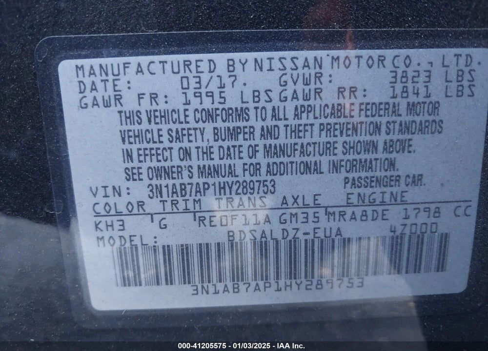 2017 NISSAN SENTRA VIN: 3N1AB7AP1HY289753