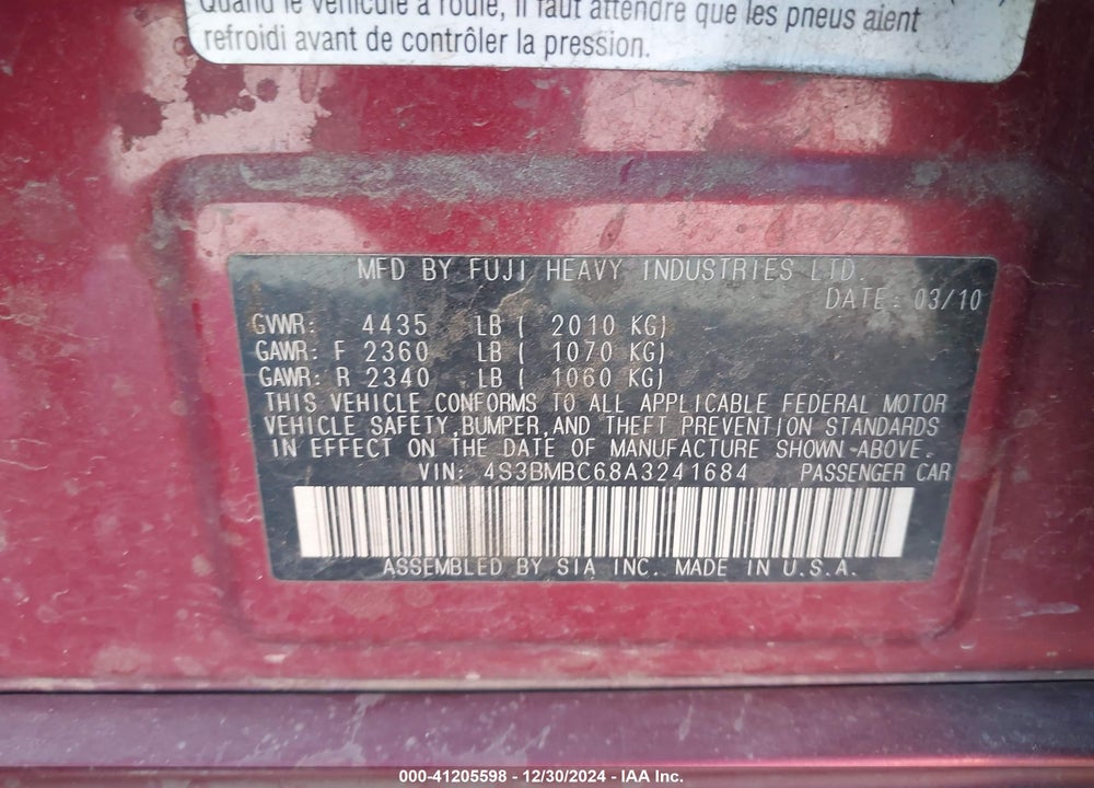 2010 SUBARU LEGACY 2.5I PREMIUM VIN: 4S3BMBC68A3241684