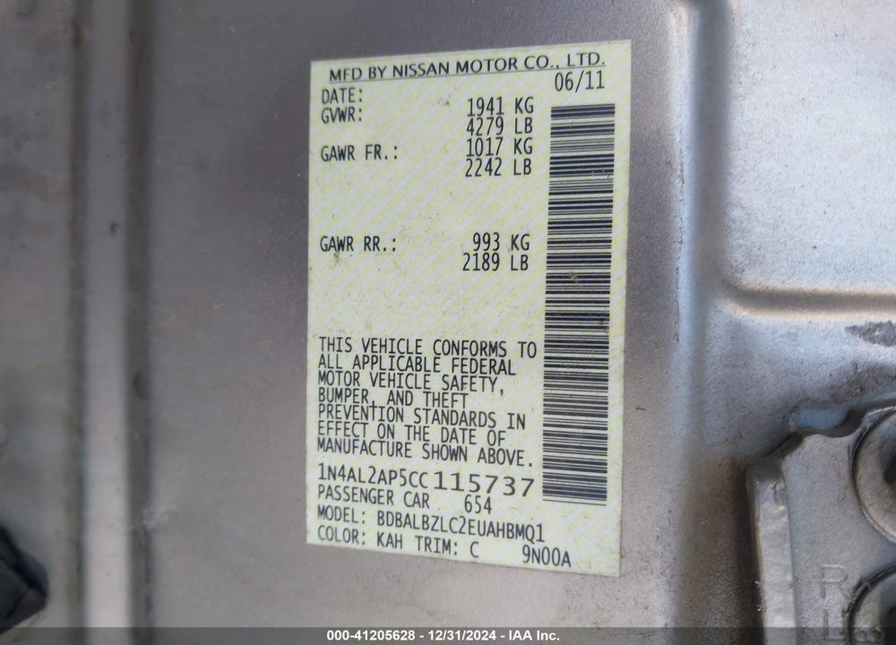2012 NISSAN ALTIMA 2.5 SL VIN: 1N4AL2AP5CC115737