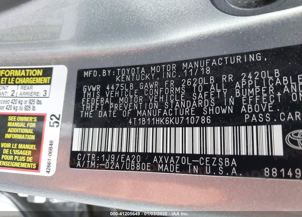 2019 TOYOTA CAMRY VIN: 4T1B11HK6KU710786