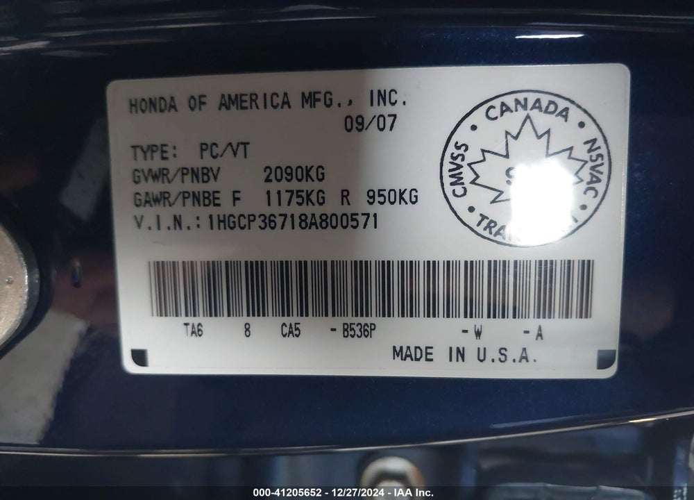 2008 HONDA ACCORD 3.5 EX VIN: 1HGCP36718A800571