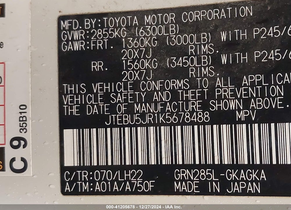 2019 TOYOTA 4RUNNER LIMITED NIGHTSHADE VIN: JTEBU5JR1K5678488