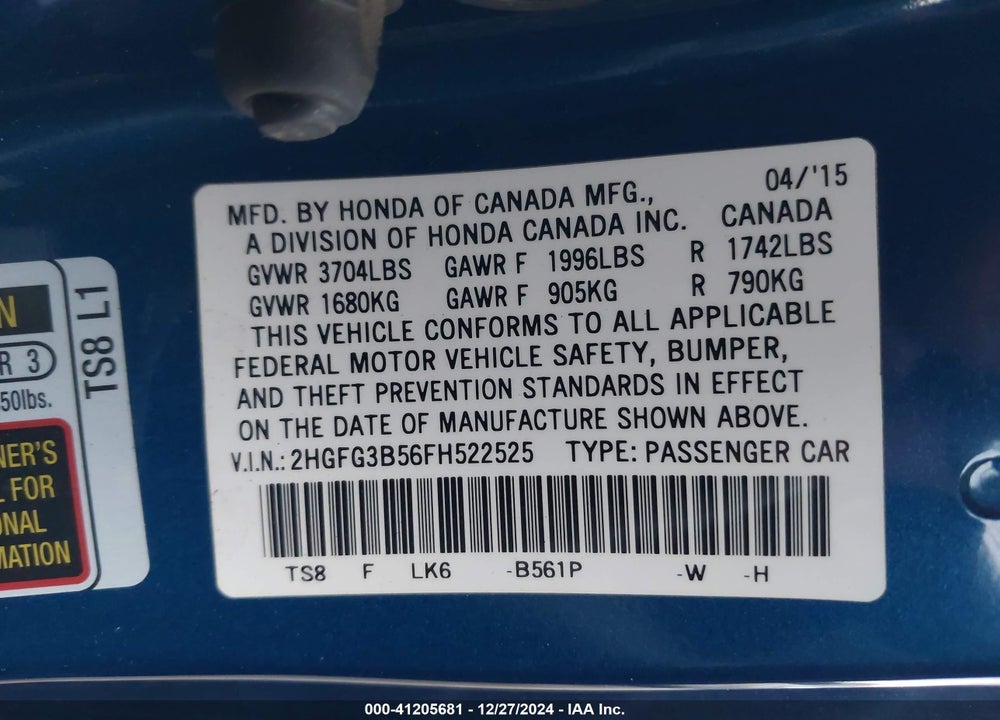 2015 HONDA CIVIC LX VIN: 2HGFG3B56FH522525