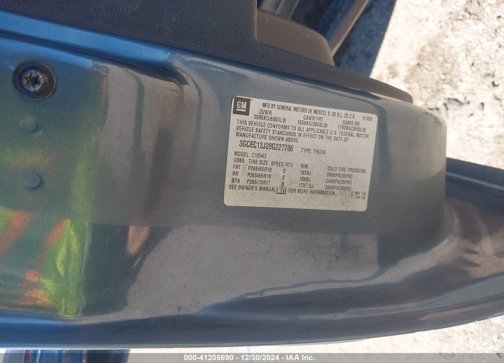 2008 CHEVROLET SILVERADO VIN: 3GCEC13J28G227706