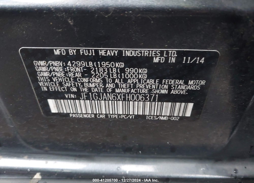 2015 SUBARU IMPREZA 2.0I LIMITED VIN: JF1GJAN6XFH006371