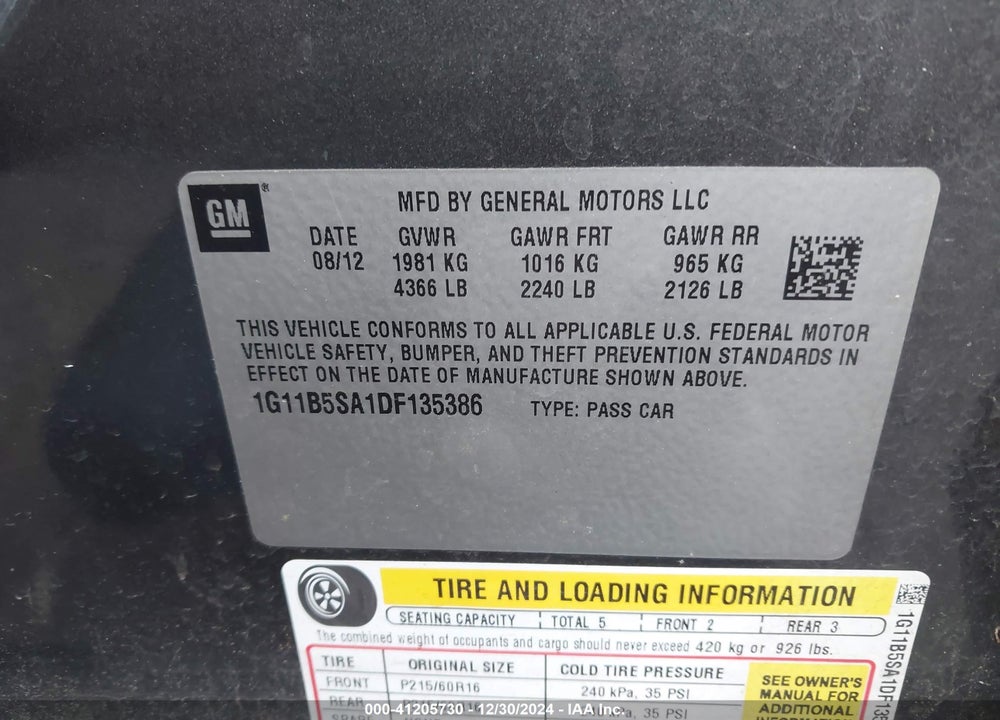 2013 CHEVROLET MALIBU 1LS VIN: 1G11B5SA1DF135386