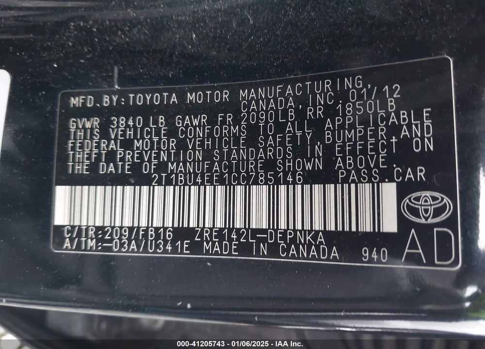 2012 TOYOTA COROLLA LE VIN: 2T1BU4EE1CC785146