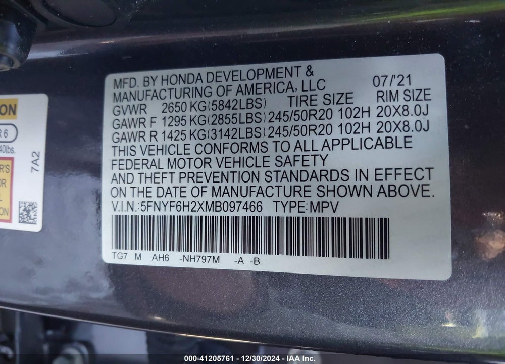 2021 HONDA PILOT VIN: 5FNYF6H2XMB097466