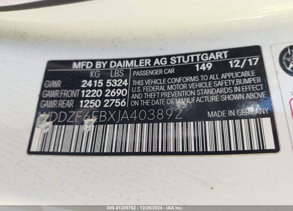 2018 MERCEDES-BENZ AMG E 43 4MATIC VIN: WDDZF6EBXJA403892