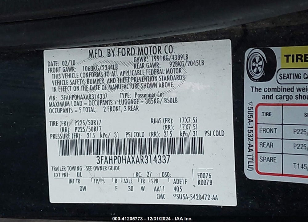 2010 FORD FUSION SE VIN: 3FAHP0HAXAR314337
